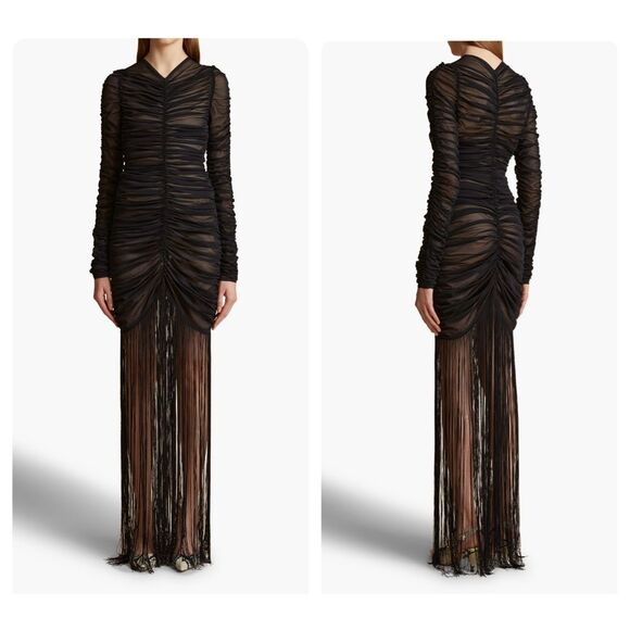NWT Khaite Guisa Ruched Semi Sheer Long Sleeve Ruched Fringed Dress Medium $4200 - Picture 1 of 13